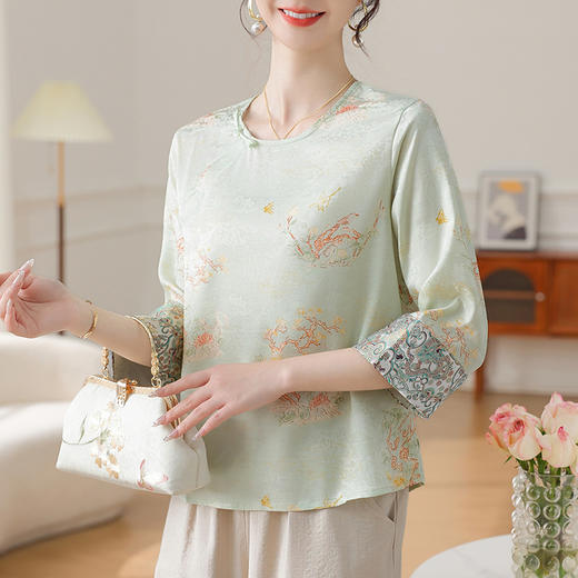 W590-SR331-75-128妈妈夏装雪纺印花中袖上衣中老年女2025新款时尚圆领T恤气质小衫 商品图2
