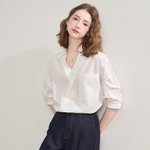 气质V领通勤白衬衫女夏季斜门襟设计感百搭显瘦短袖衬衣V0850322 商品图4