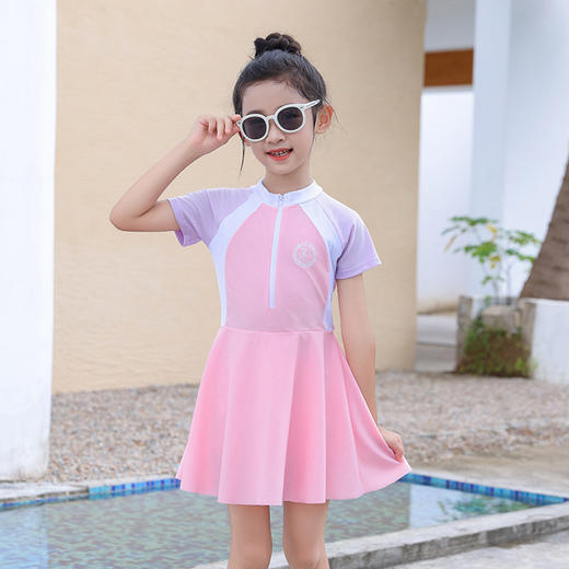 儿童泳衣女童游泳衣儿童女孩洋气运动连体拼色公主裙式兒童泳装 商品图2