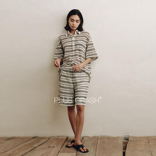 PLUS CRASH夏季时尚男装宽松千鸟格短袖Polo六分裤短裤套装百搭 商品图2