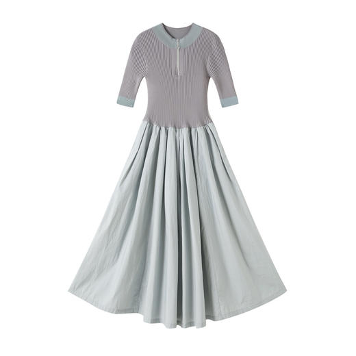 谜底连衣裙短袖女2025秋季新品气质弹力针织拼接A摆长裙253ML1213 商品图4