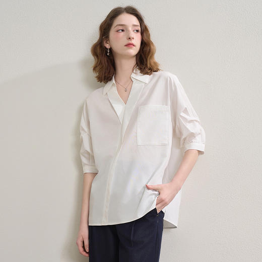 气质V领通勤白衬衫女夏季斜门襟设计感百搭显瘦短袖衬衣V0850322 商品图3