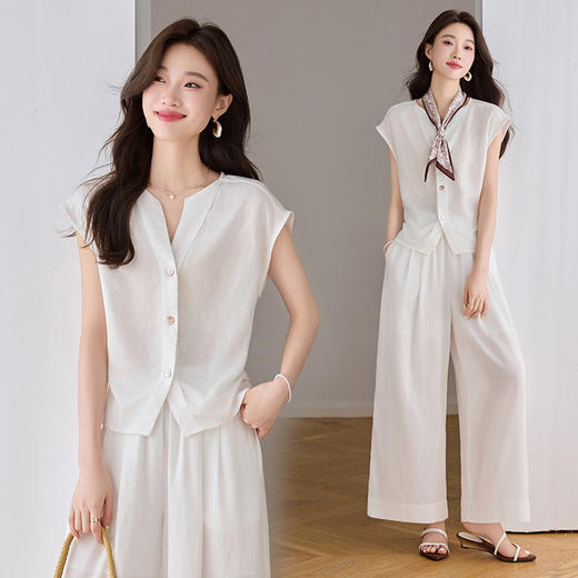 薄款V领气质，上衣阔腿裤套装 &151028 商品图2