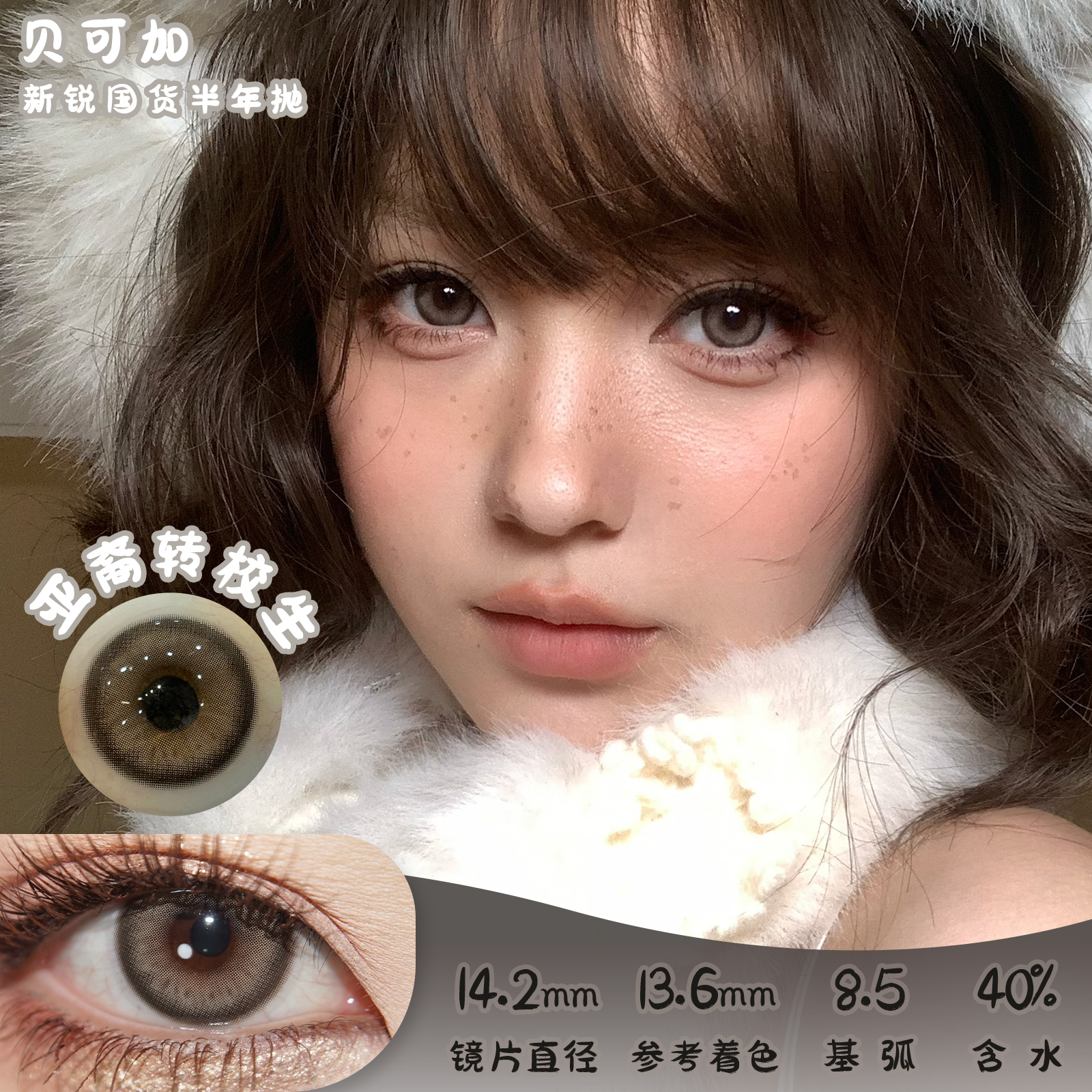 贝可加 亚裔转校生 半年抛 两片 14.2mm 参考着色 13.6mm 基弧 8.5 含水 40% 新锐国货