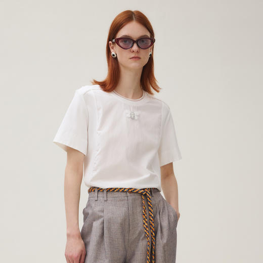 谜底白T恤短袖女2025秋季新品休闲百搭蜜蜂刺绣简约上衣253MT1157 商品图0