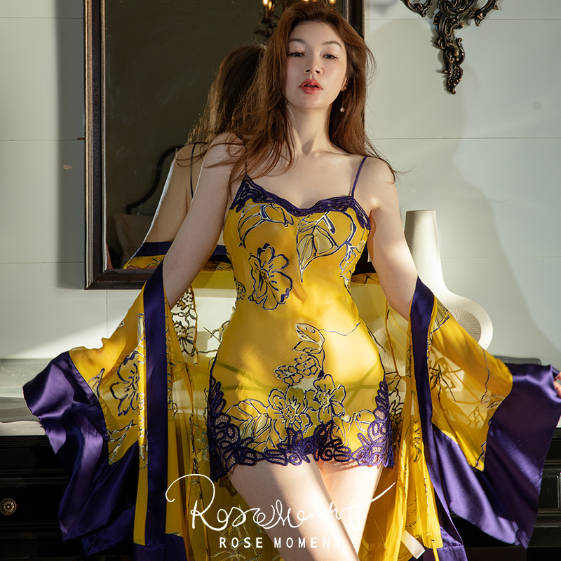 烂花绡轻盈微透手工镂空真丝盘花睡裙 DD2-1