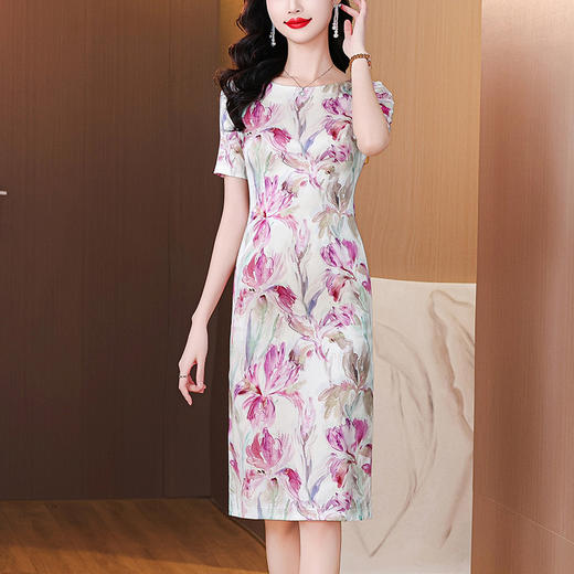 AHM qwfs7731时尚印花圆领连衣裙气质优雅短袖修身裙 商品图0