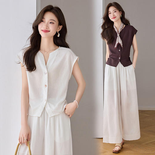 薄款V领气质，上衣阔腿裤套装 &151028 商品图1