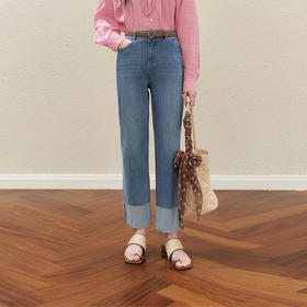 【严选】【四面弹】诗凡黎九分翻边直筒牛仔裤2025秋新款高腰窄版薄烟管裤7G6450781