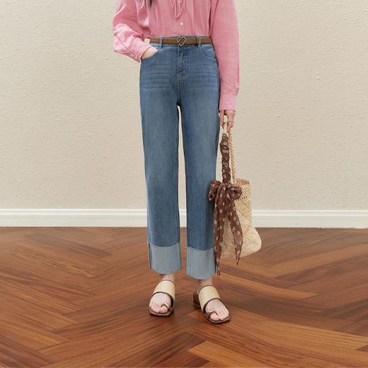 【严选】【四面弹】诗凡黎九分翻边直筒牛仔裤2025秋新款高腰窄版薄烟管裤7G6450781 商品图0