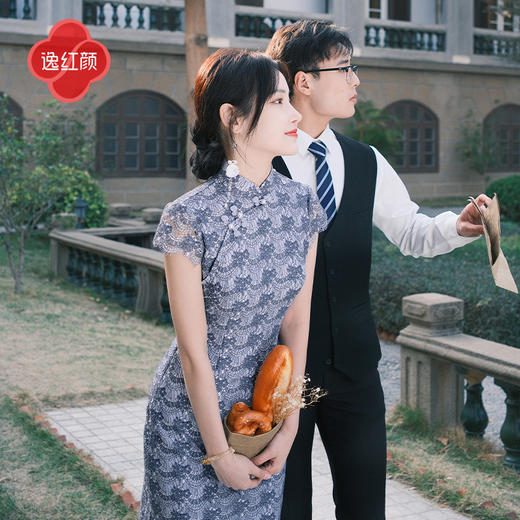 逸红颜兰若2025夏新款文雅知性精致女人味显瘦弹力蕾丝短袖旗袍女 商品图3