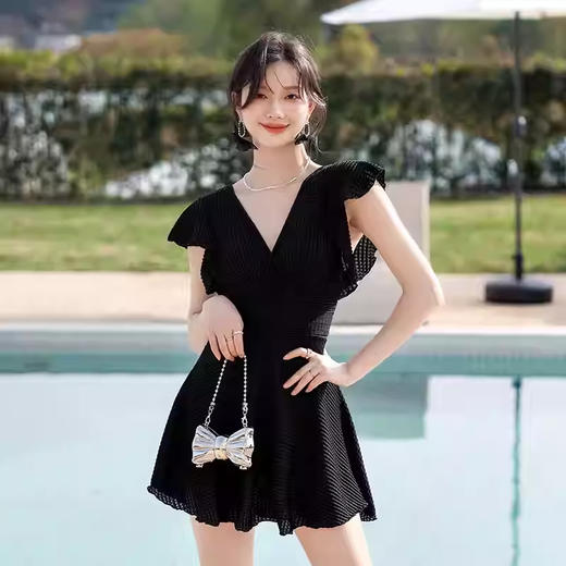 连体游泳衣女款保守裙式高级性感黑色女士加大码胖mm遮肉肚子显瘦 商品图2