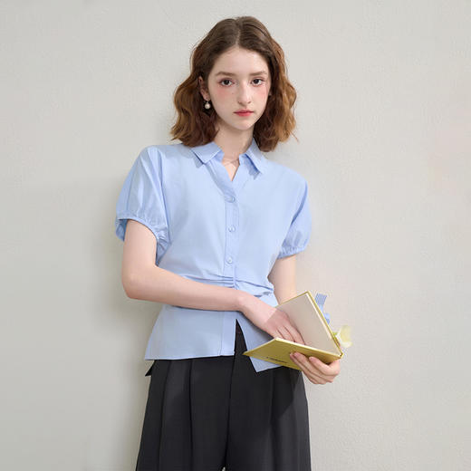 气质通勤百搭女式衬衫夏季灯笼袖收腰捏褶设计感短袖上衣V1450922 商品图3