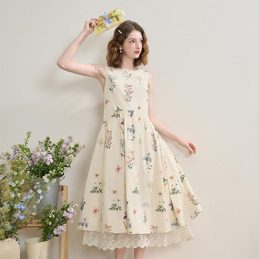 度假风植物印花背心裙女夏季蕾丝拼接宽松显瘦无袖连衣裙V1550967 商品图0