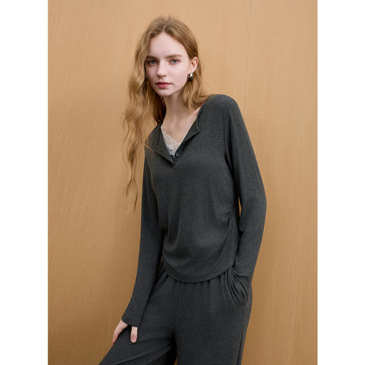 三彩2025秋季新款家居服套装花边T恤上衣休闲长裤两件套M 商品图2