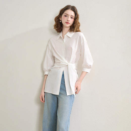 通勤气质白衬衫女夏季设计感系带收腰百搭显瘦衬衣上衣V2551113 商品图0