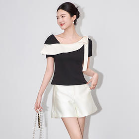 「高货wl」全新升级【铂金会员220/天猫289/差价69】(73604)洛诗琳气质撞色拼接不规则T恤2025夏季修身短袖通勤上衣