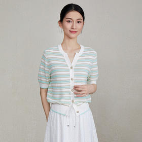 「自」全新升级【铂金会员275/天猫369/差价94】(80940)洛诗琳夏季新款V领撞色通勤百搭气质条纹镂空针织开衫女