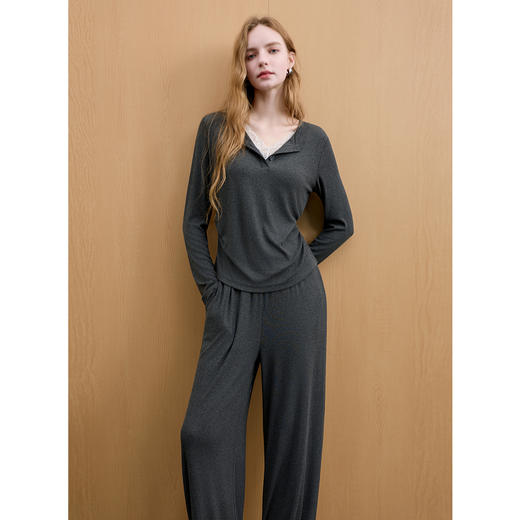 三彩2025秋季新款家居服套装花边T恤上衣休闲长裤两件套M 商品图1