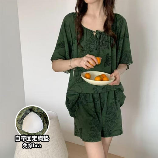 棉绸 夏季女士宽松带胸垫固定杯防尴尬短袖短裤家居服睡衣套装0214 商品图0
