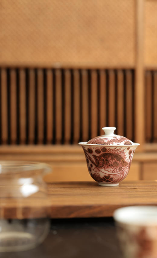 【元岚堂】釉里红鳜鱼薄胎二才盖碗满容约130cc/铃铛杯45cc 商品图1