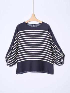 女士圆领条纹真丝短袖衫