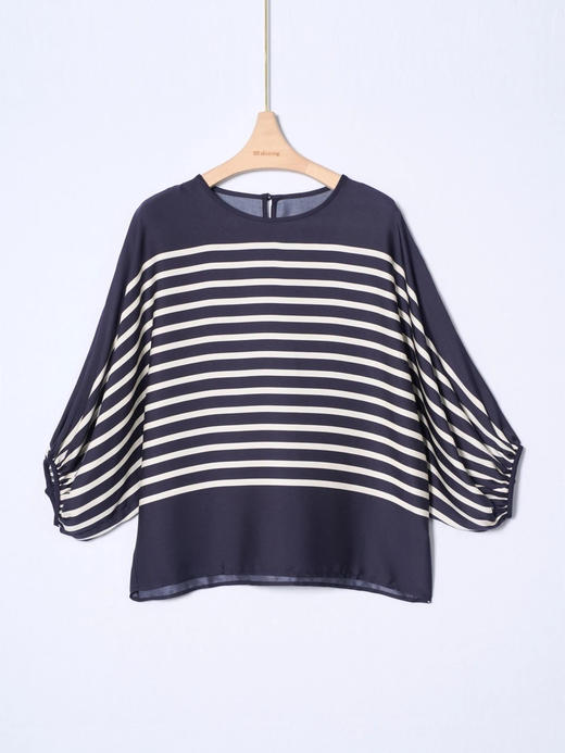 女士圆领条纹真丝短袖衫 商品图0