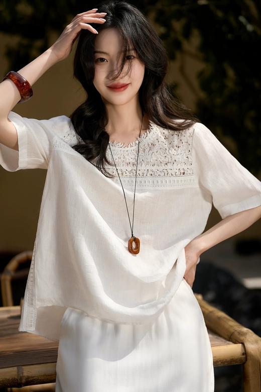 一梦浮生重工蕾丝亚麻天丝半袖睫毛蕾丝上衣 商品图3