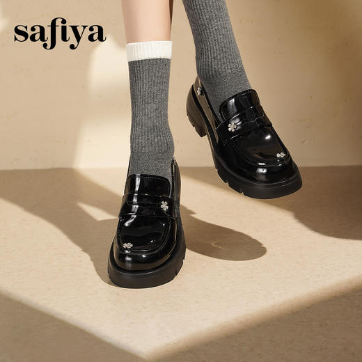 Safiya/索菲娅2025学院风钻扣漆皮百搭粗跟一脚蹬厚底乐福鞋SFD3112107 商品图8