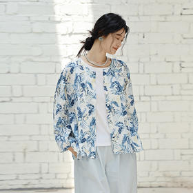 绽放女装410朵/【莫兰迪系列】双支数亚麻底布印花防晒开衫短外套