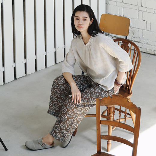 绽放464朵/【莫兰迪系列】高支亚麻印花拼色九分裤女 商品图3