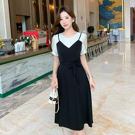 奢姿大码女装2026夏季假两件拼接圆领连衣裙胖妹妹时尚简约裙子9952803397 商品图4