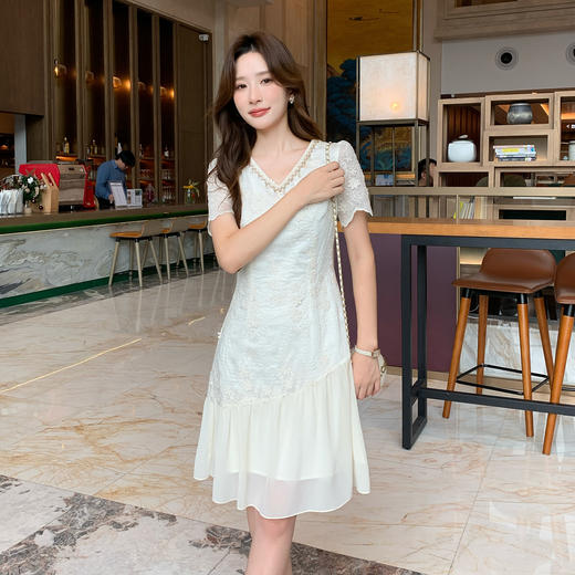 奢姿大码女装夏季减龄荷叶边拼接连衣裙胖妹妹时尚V领裙子9952890553 商品图4