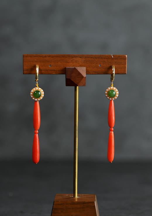 沙丁珊瑚水滴碧玉珍珠耳环 商品图0