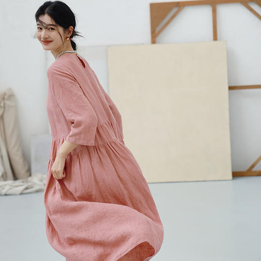 绽放417朵/【莫兰迪系列】高端酵素洗重磅色织亚麻七分袖连衣裙女 商品图2