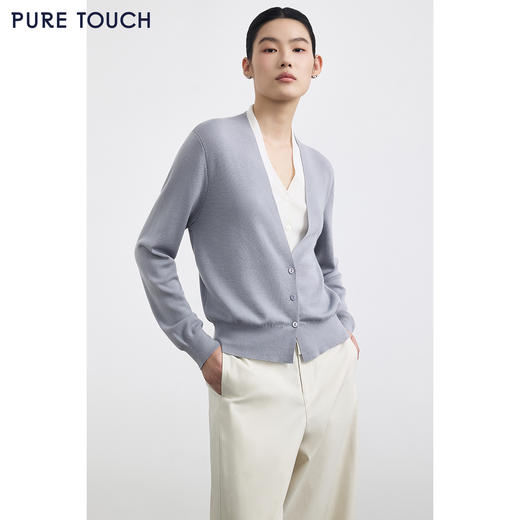 PURE TOUCH浅灰色V领长袖针织开衫 商品图0