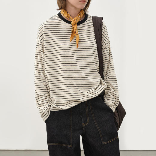 714street羊毛混纺毛巾料条纹长袖T恤男秋冬款情侣装桑蚕丝上衣女 商品图1