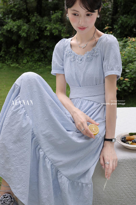 鹿向南「琉璃海岸」蓝色法式短袖连衣裙女夏季收腰长裙气质a字裙 商品图5