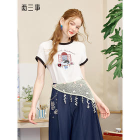 两三事 窗前絮语 2025夏季新款休闲拼色边印花短袖t恤女