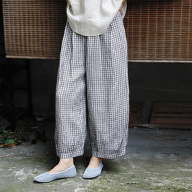 绽放377朵/【莫兰迪系列】酵磨洗色织亚麻长绒棉砂洗半松紧腰九分裤女