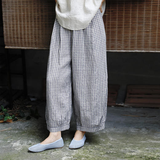 绽放377朵/【莫兰迪系列】酵磨洗色织亚麻长绒棉砂洗半松紧腰九分裤女 商品图0