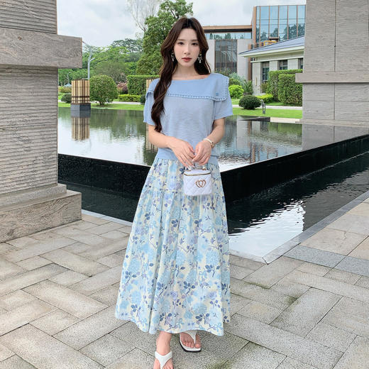 奢姿大码女装2025夏季减龄海军领印花两件套胖妹妹松紧时尚套装9952922302AB 商品图4