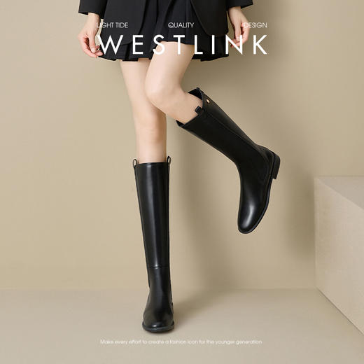 西遇法式长筒靴女新款秋冬山茶花显瘦高筒长靴平底黑色骑士靴V3547549 商品图3