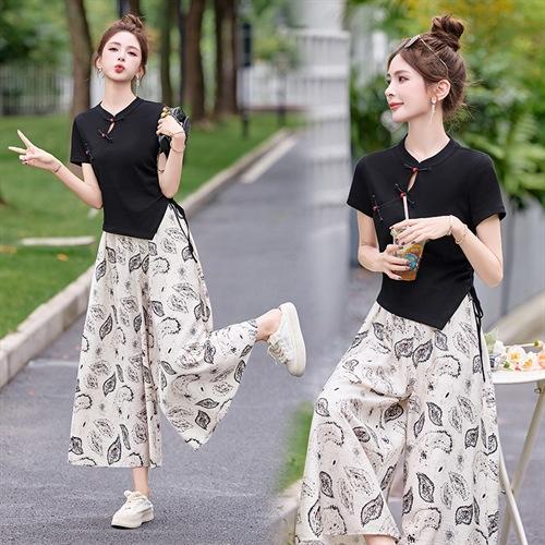新中式盘扣上衣阔腿裤套装2025夏季新款气质显瘦休闲两件套GJC2575 商品图1