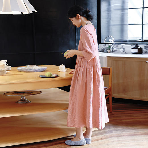 绽放417朵/【莫兰迪系列】高端酵素洗重磅色织亚麻七分袖连衣裙女 商品图0