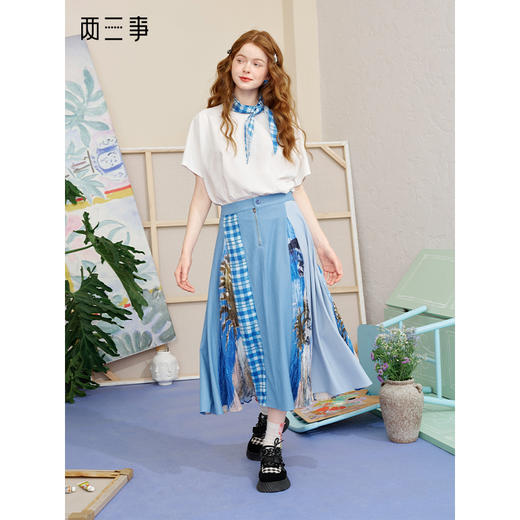 两三事 椰影垂荡 2025夏季新款复古格子印花布拼接a字半身裙长裙 商品图0