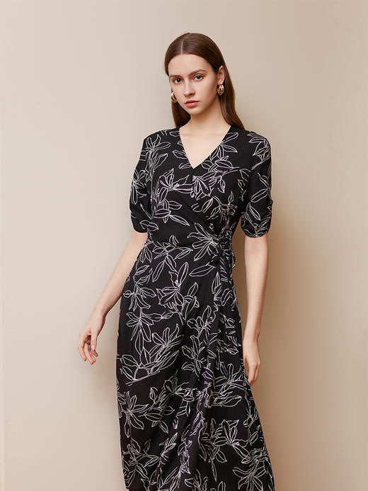 【V领系带真丝裙】25年夏季新品女士印花中长款系带收腰显瘦连衣裙 商品图1