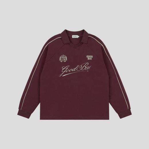 GOODBAI 粗体斜体组合logo做旧印花撞色翻领插肩长袖T恤 商品图4