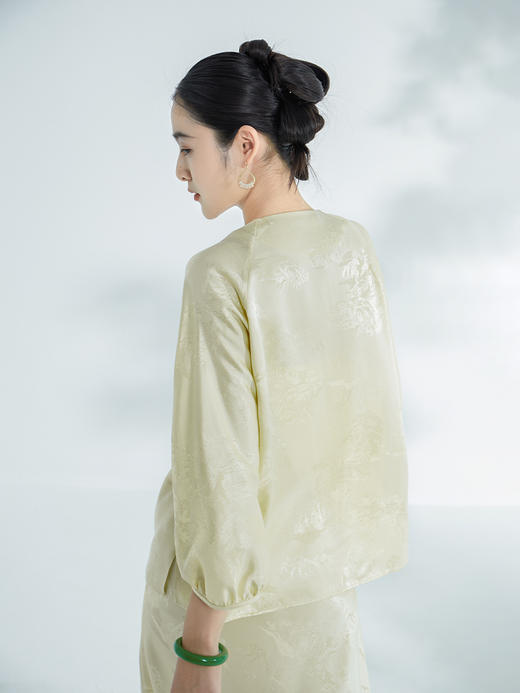 荷言GL 婉清 山水纹真丝提花新中式上衣淡黄色清凉透气夏季 商品图4