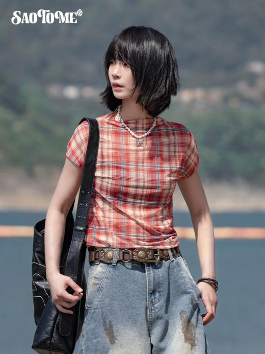 早乙女惠子saotome/STMTX12004/格纹网纱连肩修身短袖T恤 商品图0